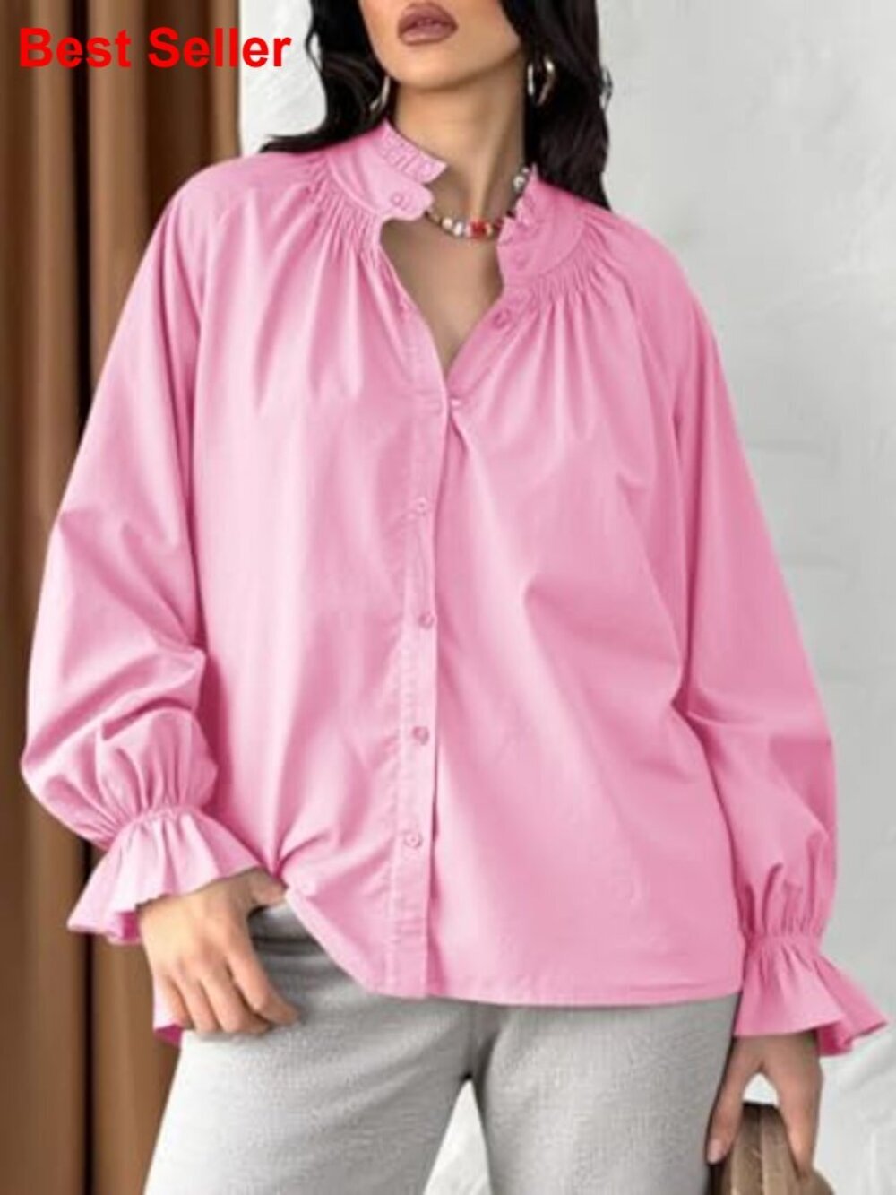 Cotton Puff Sleeve Button Down Blouse Loose Fit V Neck Casual Top - Picture 3 of 7